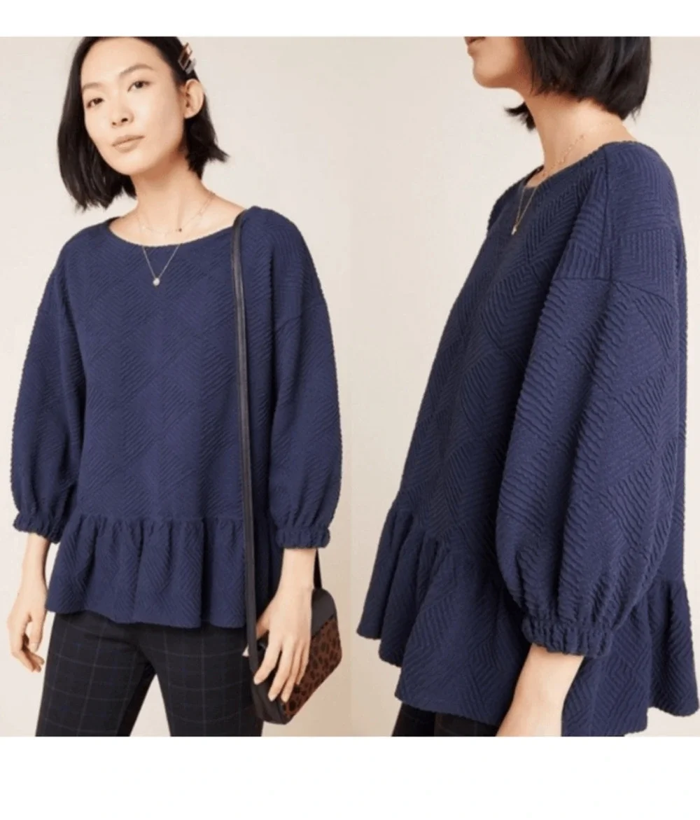 Maeve by Anthropologie Mikayla Peplum Lagenlook Minimalist Preppy Navy Top SZ S